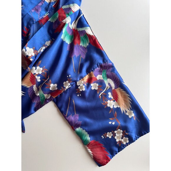 Vintage ICHIBAN Blue Oriental Floral Crane Print Satin Kimono Robe, One Size - Picture 9 of 13